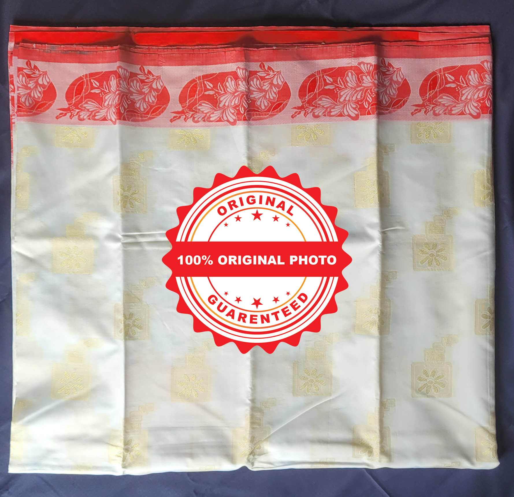 Katan saree Golden design in White and Red